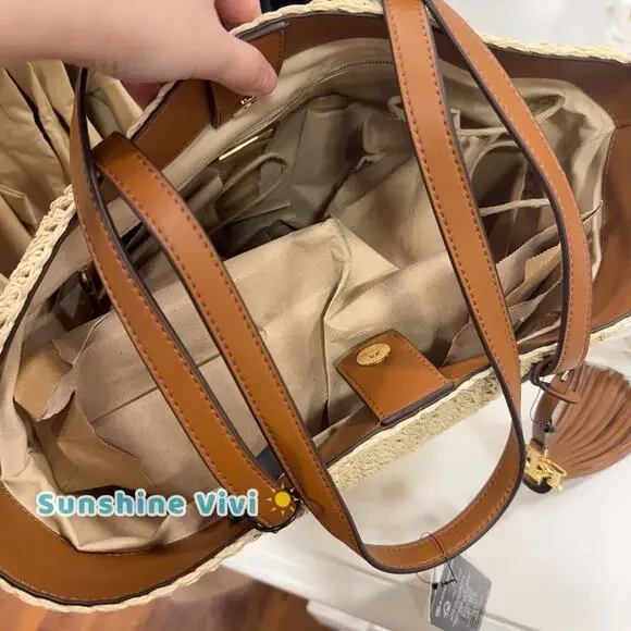 NWT Lauren RALPH LAUREN Crochet-Straw Medium Whitney Tote Natural/Lauren Tan - Picture 5 of 9